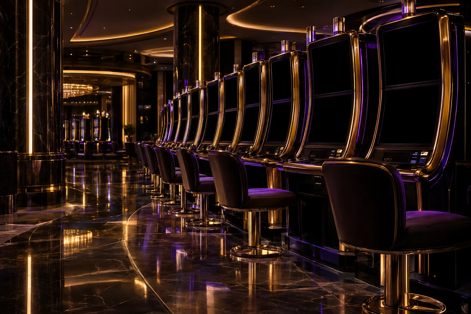 Warmly lit pokie floor with rows of glowing cabinets