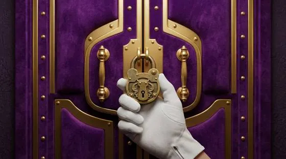 Ornate purple safe doors with gold fittings and a hanging lock