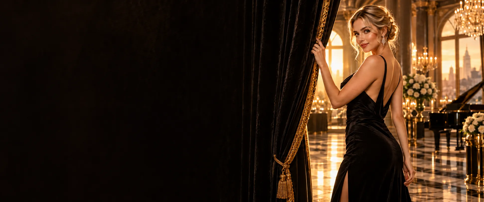 Woman drawing back a velvet curtain at a ballroom gala, opening this guide's privacy overview