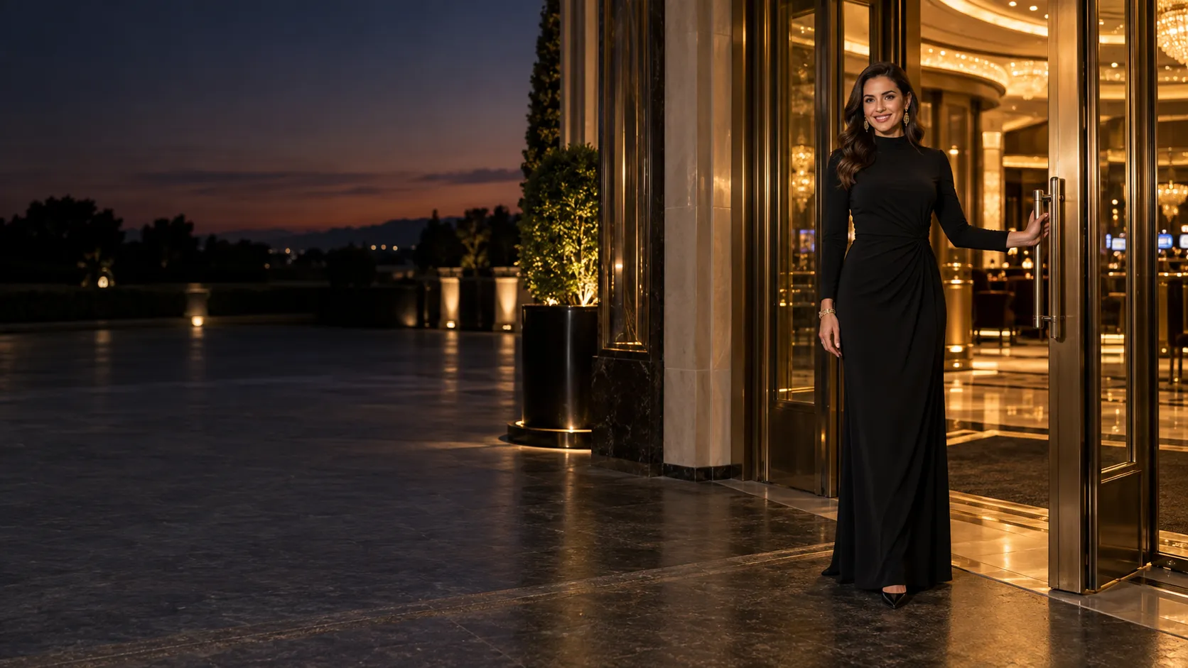 Elegant woman in a black evening dress at the golden entrance of a luxury casino at dusk