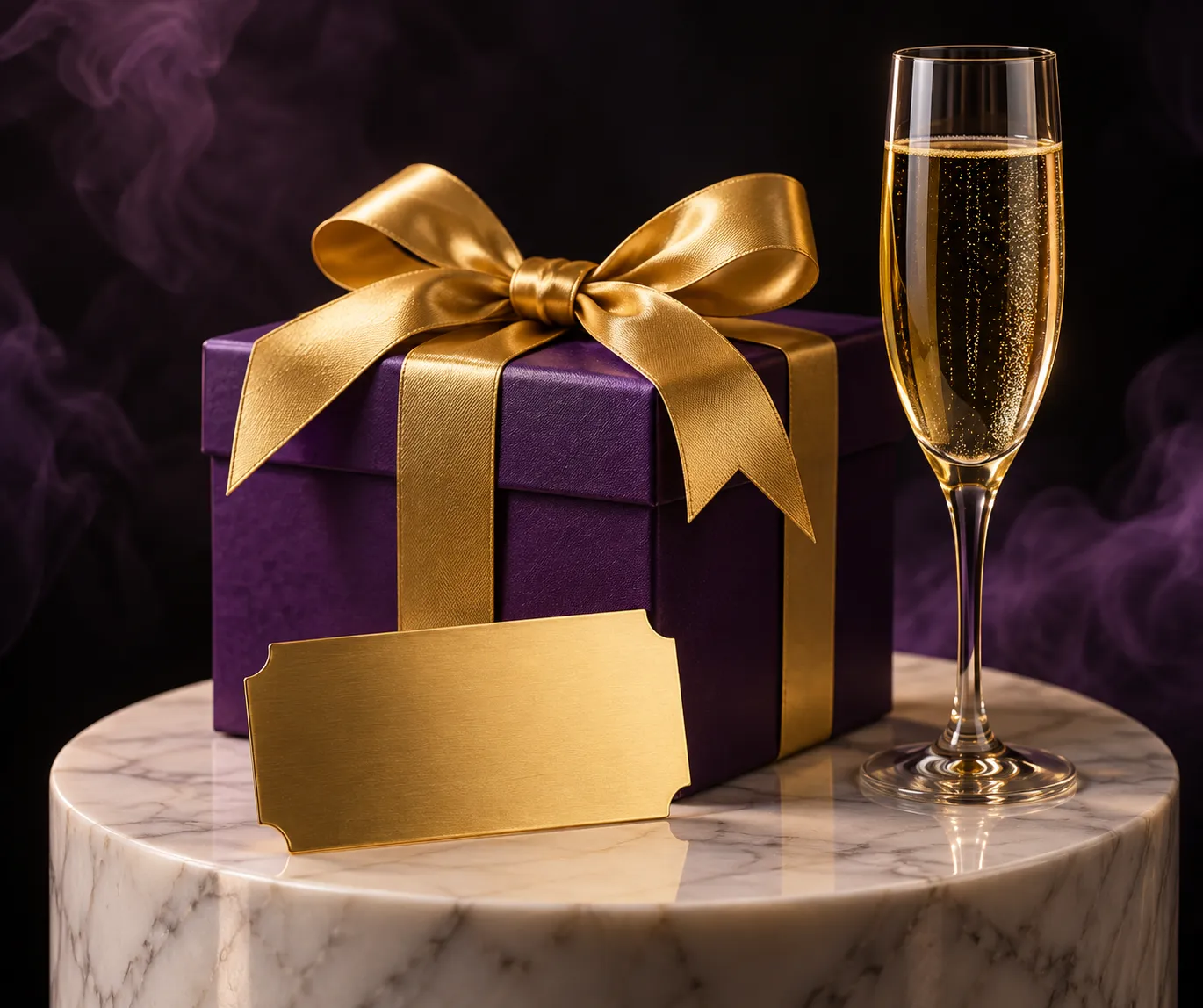 Gift box and ticket displayed on a pedestal for the welcome package steps