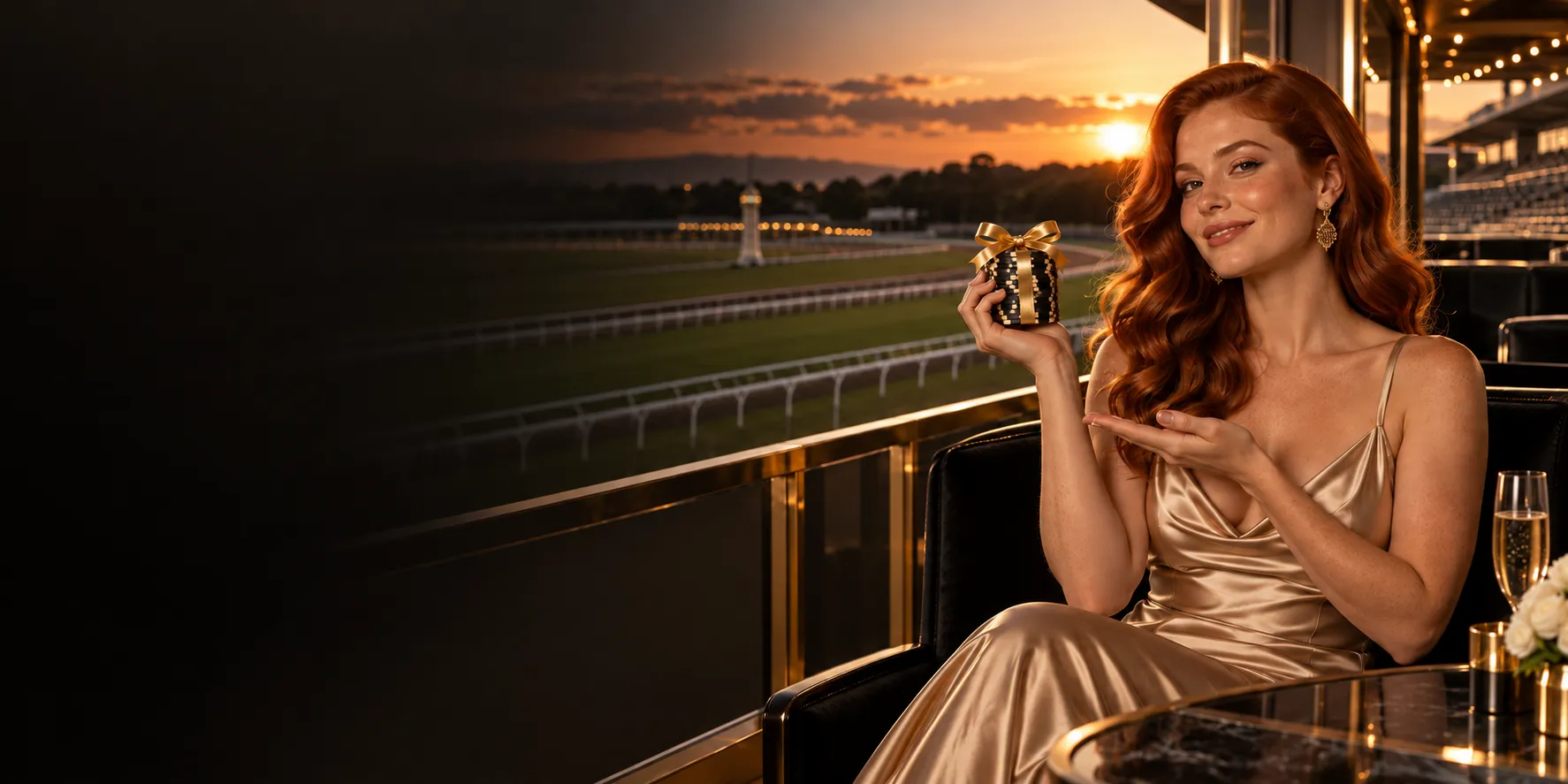 Woman in a racecourse VIP box holding a ribbon-tied stack of casino chips