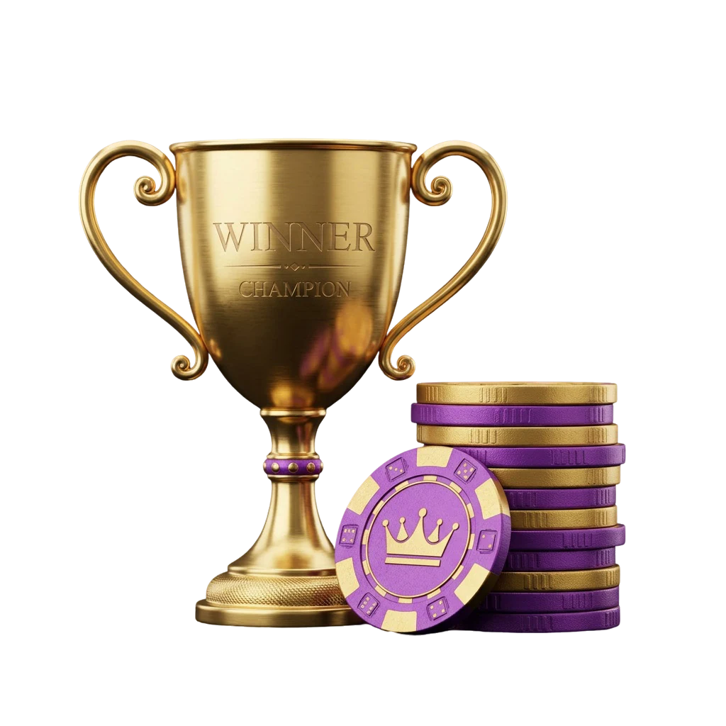 Golden trophy engraved Winner Champion beside a stack of casino chips