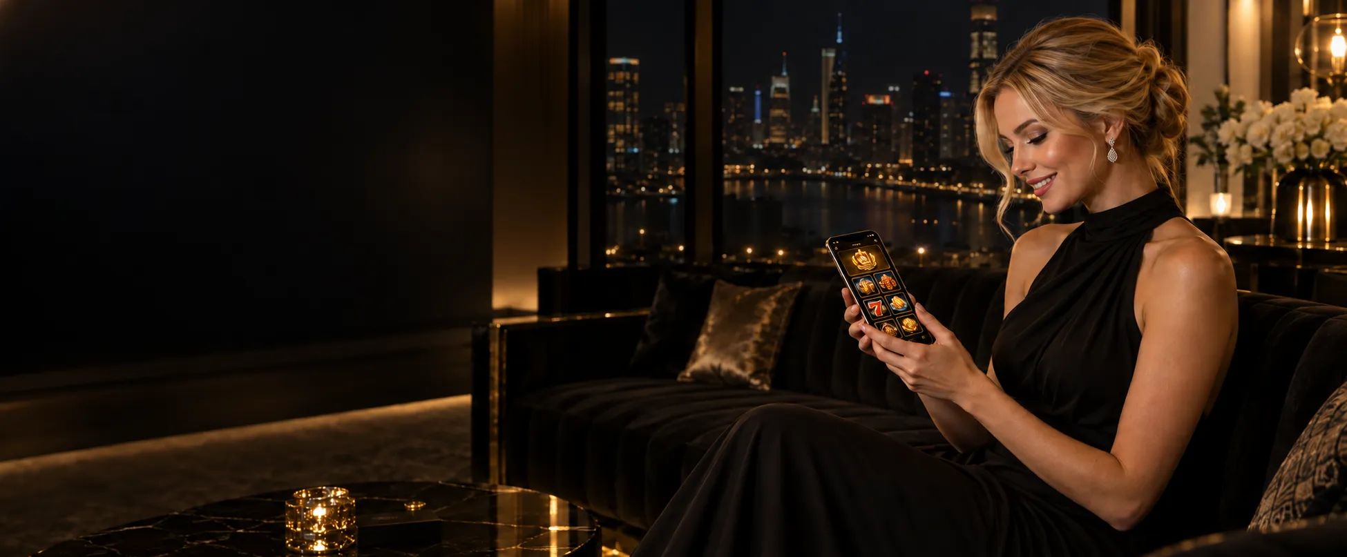 Woman checking a lit game screen on her phone above a city skyline at night, standing in for Here2Win Casino mobile play