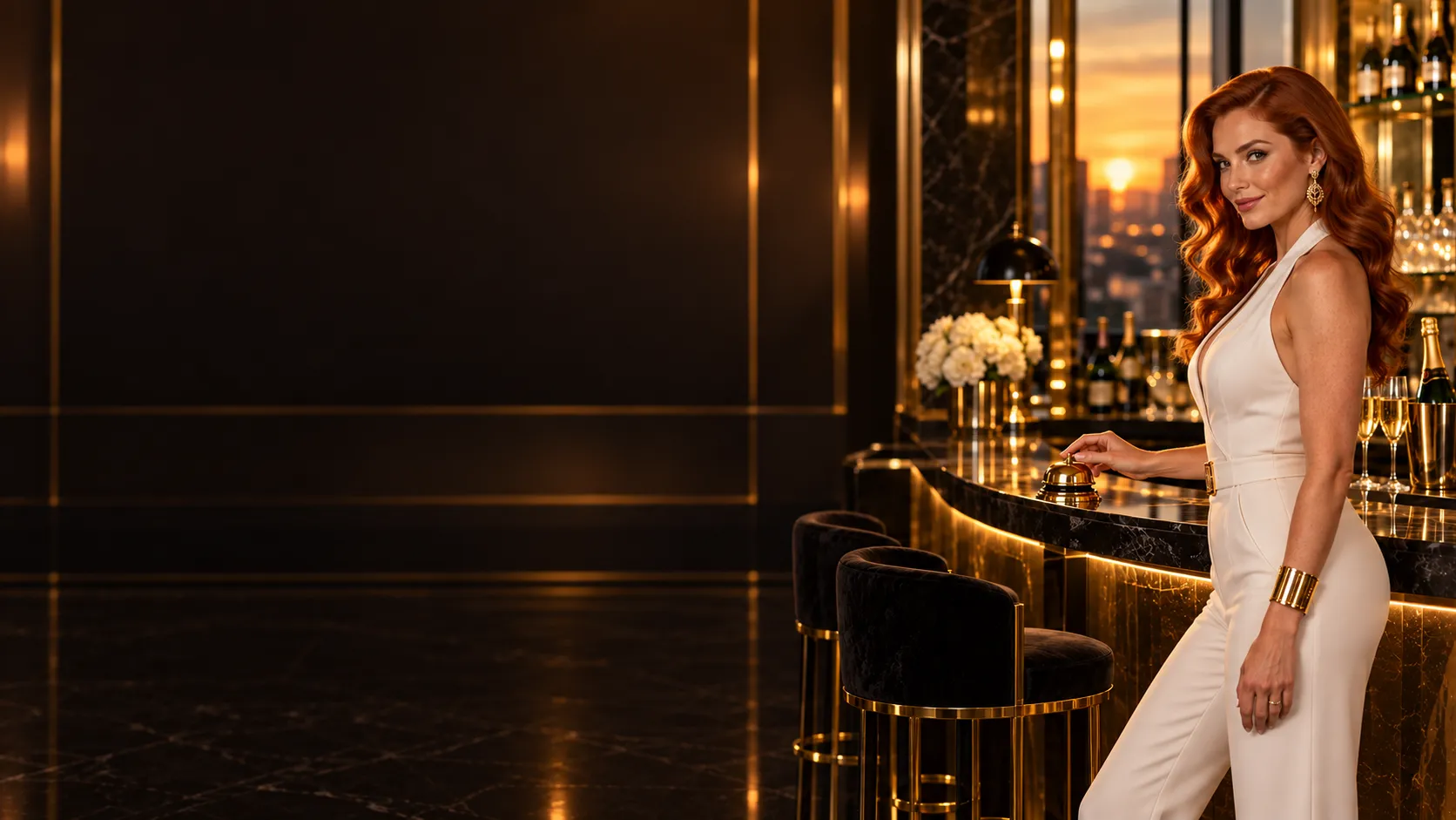 Woman resting a hand on a concierge bell at a mirrored champagne bar