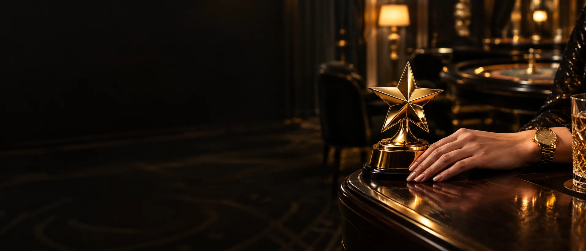 Hand resting beside a golden trophy in a speakeasy casino, standing in for this Here2Win Casino trust review