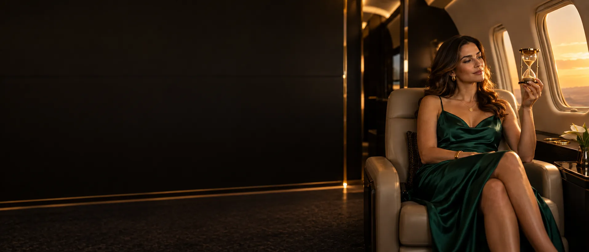 Woman looking thoughtfully at an hourglass inside a private jet cabin