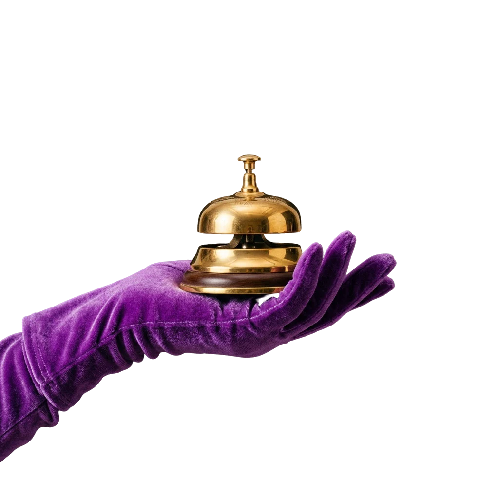 Purple velvet glove holding a gold service bell, symbolising Here2Win Casino support on call