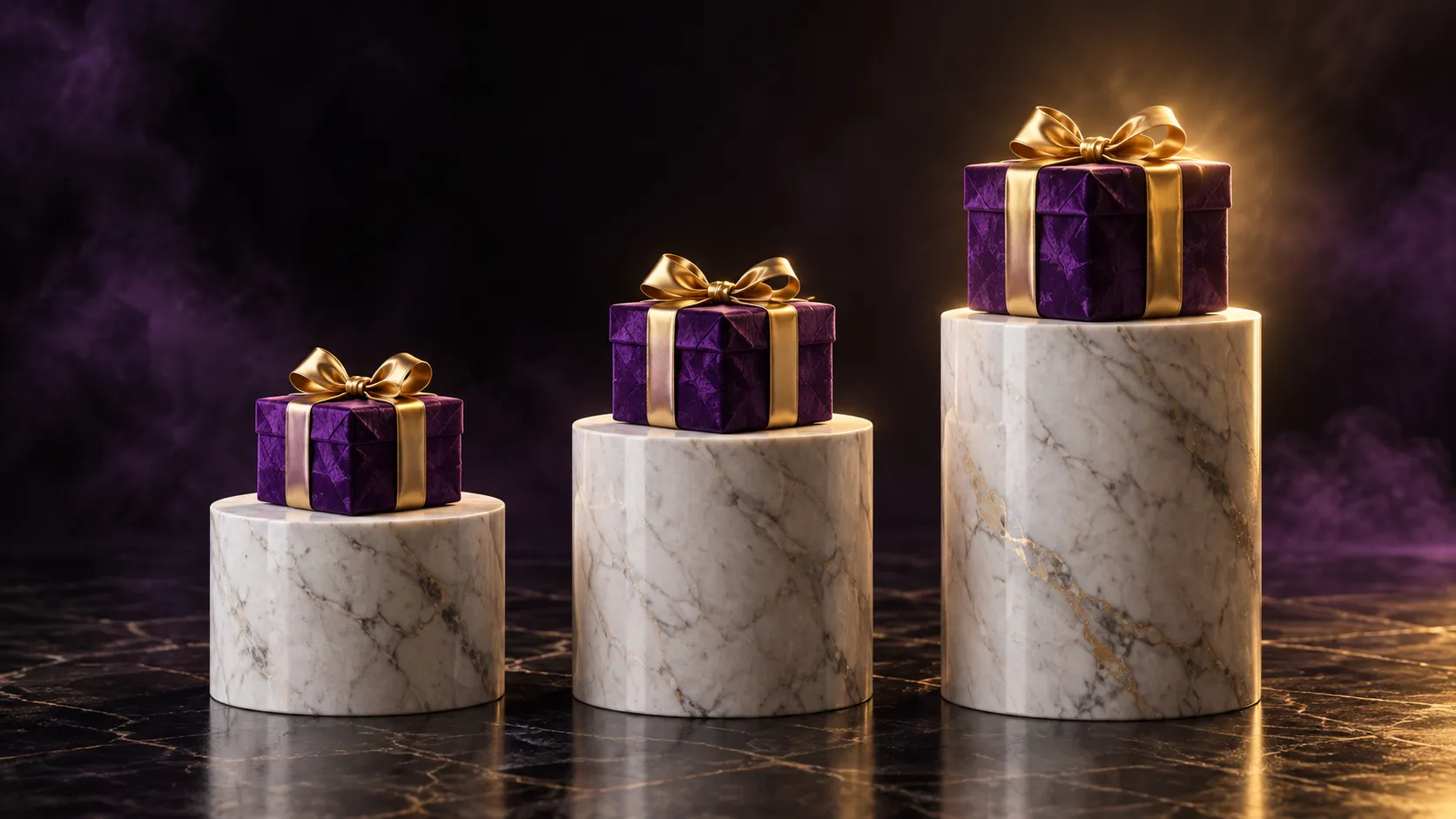 Three raised plinths representing the welcome package's step-by-step terms