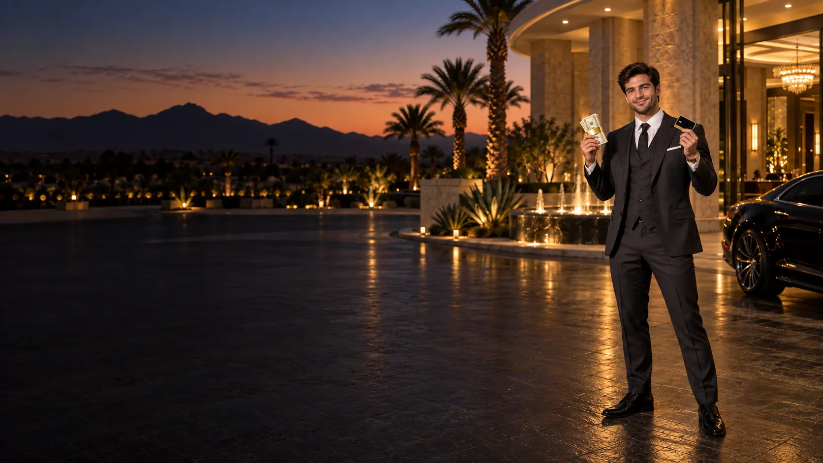 Confident man in a charcoal suit holding banknotes and a payment card at a desert casino at twilight