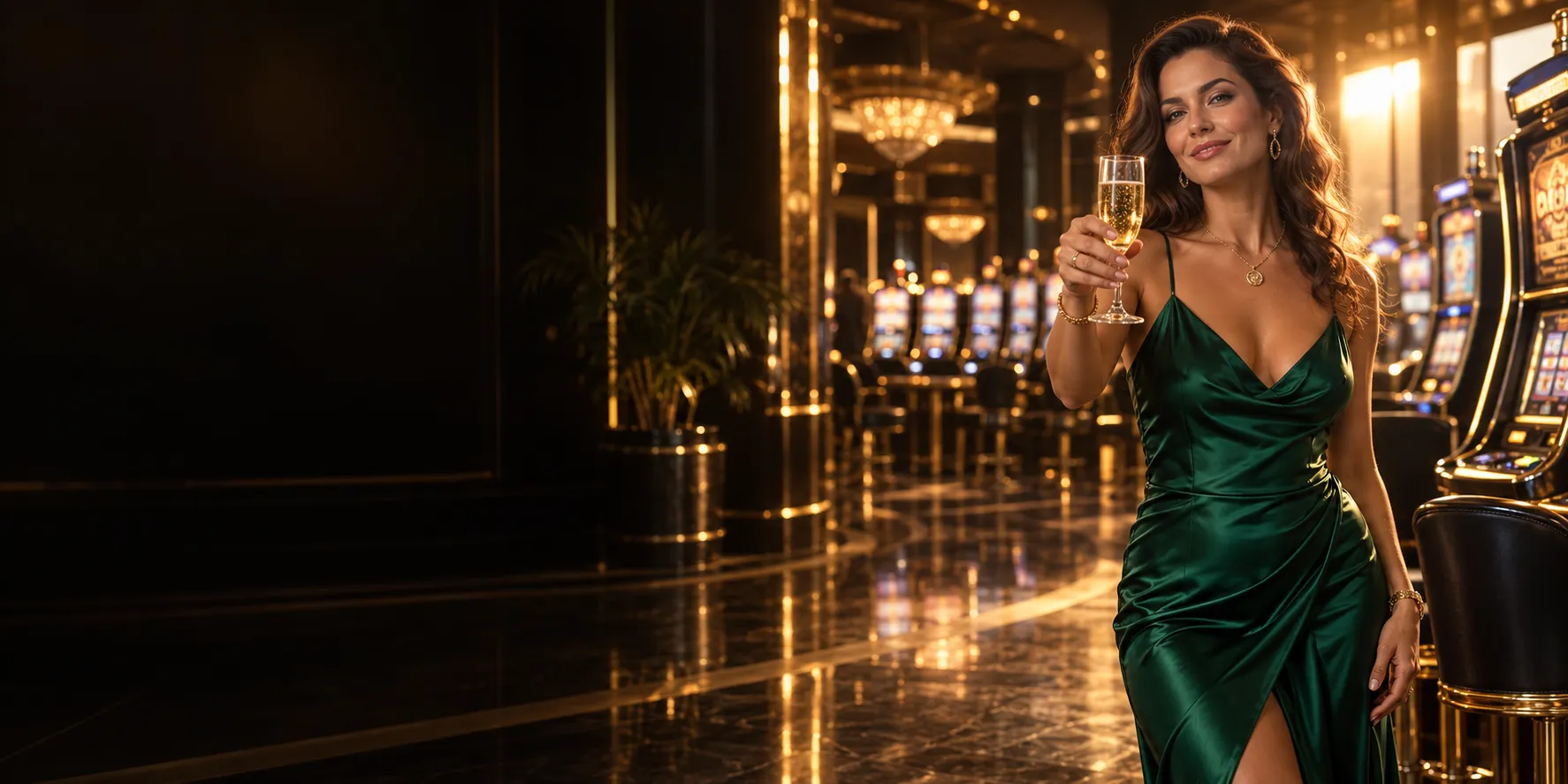 Woman with a welcome glass of champagne on a glowing slot floor