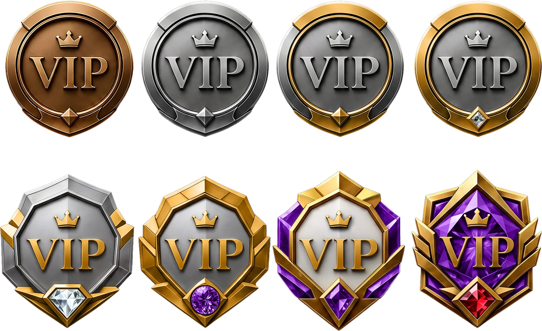 Set of tiered gold and silver casino reward badges