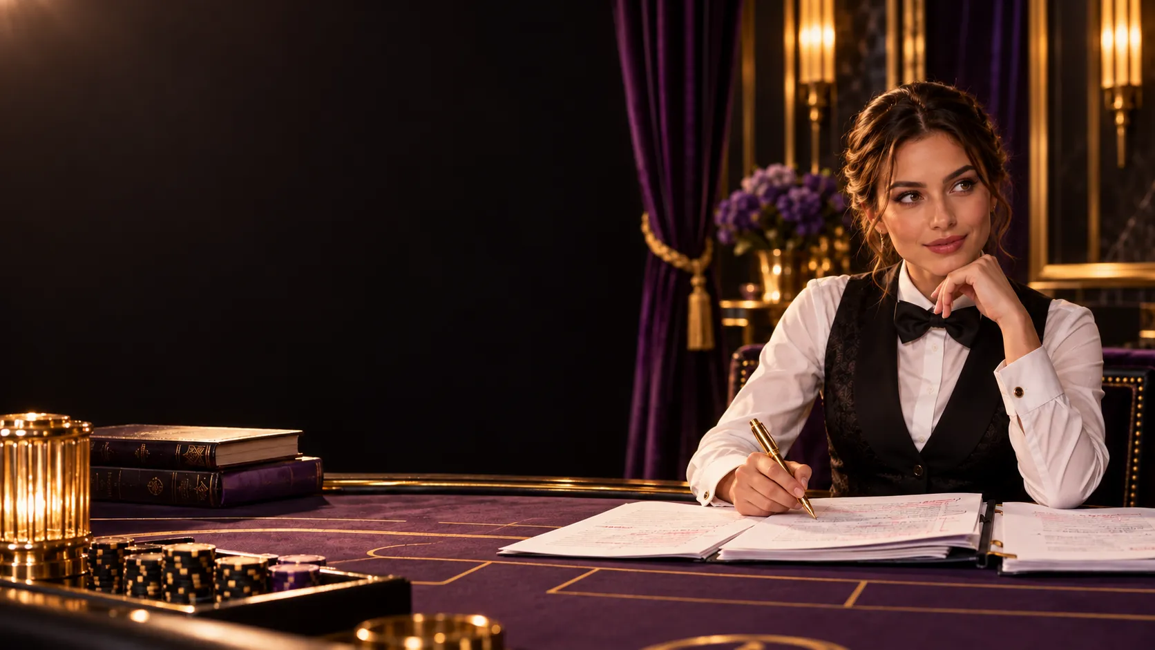 Croupier holding a gold fountain pen over guide pages in a baccarat salon