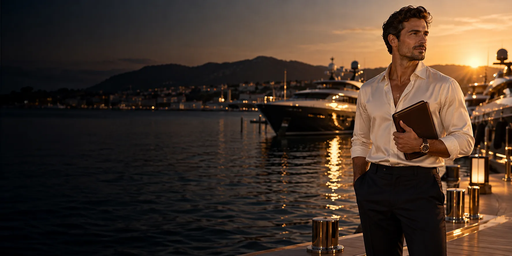 Man holding a leather-bound book at a superyacht marina