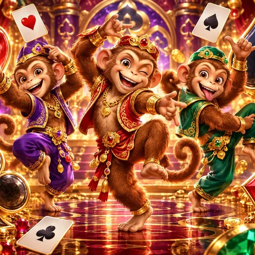3 Dancing Monkeys pokie cover with playing-card symbols in an East Asian-inspired design